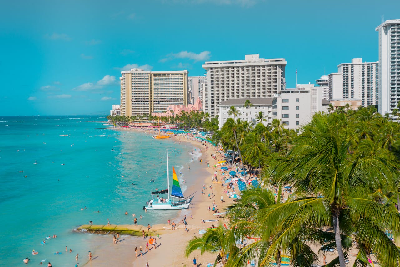 Breathtaking aerial view of Waikiki Beach, Honolulu, showcasing the vibrant tropical resort ambiance.